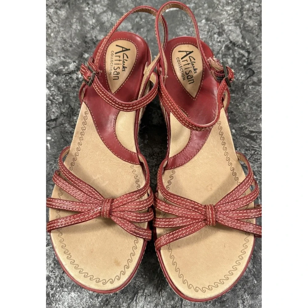 Clarks Artisan Collection Red Leather‎ Espadrille Wedge Sandals 8M